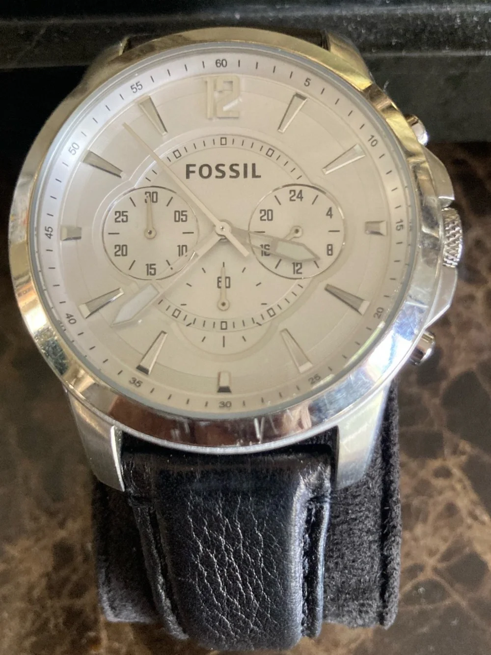 Fossil FS-4647 Chronograph Men's Watch Stainless Steel Cream Dial Leather Strap